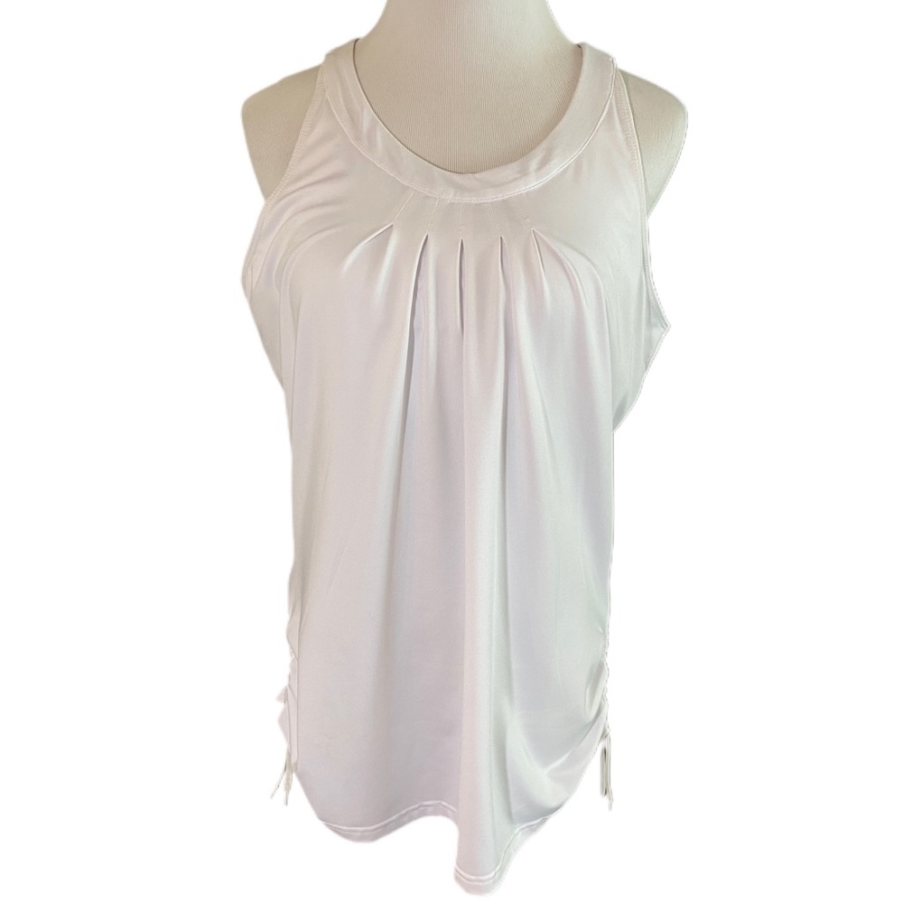 'Bolle' White High-neck Sleeveless Tennis Top w Cinched Sides & Built-in-Bra XL